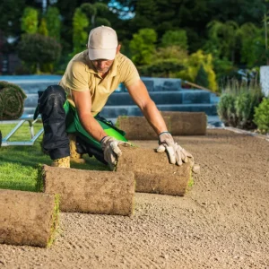 Our team providing expert sod installation Edmonton services for a residential backyard.